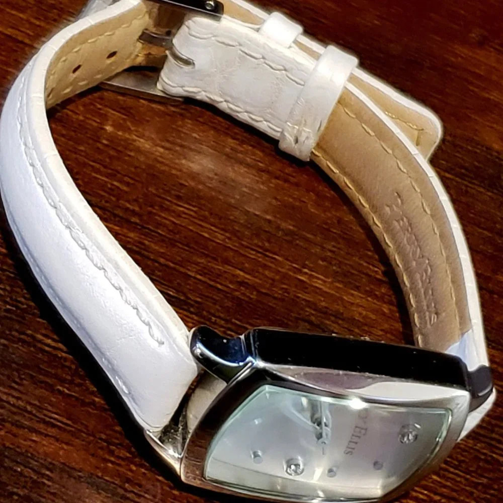 Perry Ellis White Leather Band Silver Rectangle Face Diamond Accent Wrist Watch